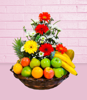 CESTO DE FRUTAS CON ARREGLO FLORAL