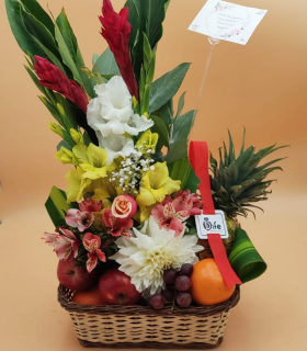BASKET OF FLOWERS AND FRUITS