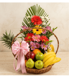 CESTO DE FRUTAS CON ARREGLO FLORAL