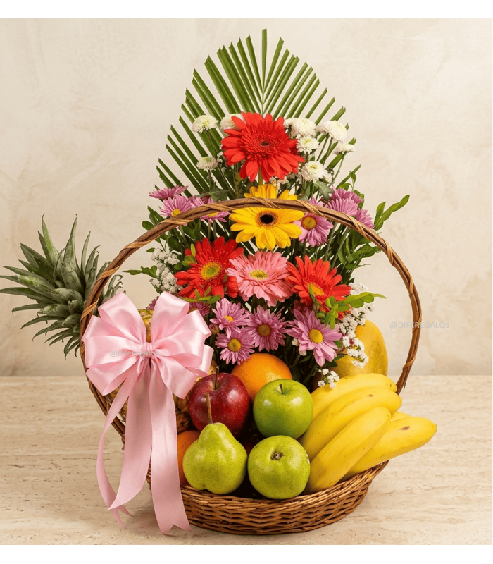CESTO DE FRUTAS CON ARREGLO FLORAL